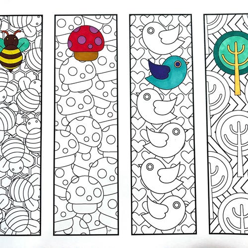 Cute Nature Bookmarks PDF Coloring Page Bee Mushroom - Etsy