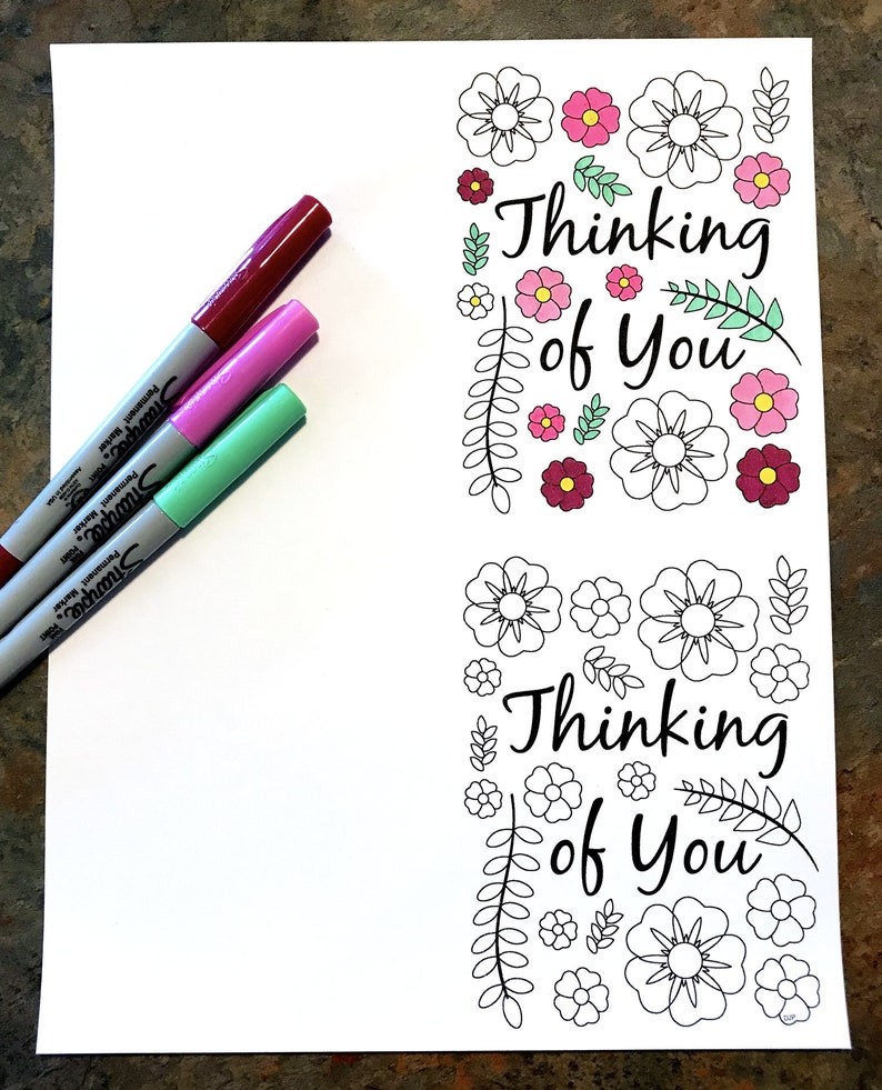 thinking of you card with flowers and leaves printable pdf etsy