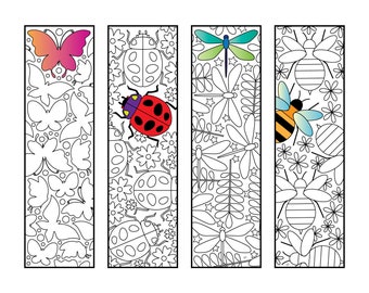 Segnalibri di insetti - Pagina da colorare in PDF - Farfalla, Coccinella, Libellula, Ape
