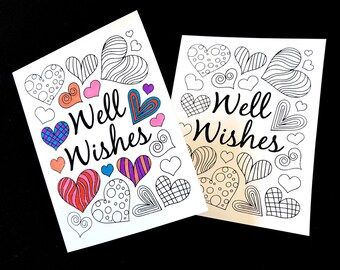 Well Wishes Card with Hearts - Printable PDF Coloring Page