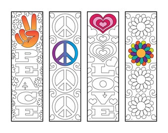 Hippie Bookmarks - Peace and Love - PDF Coloring Page