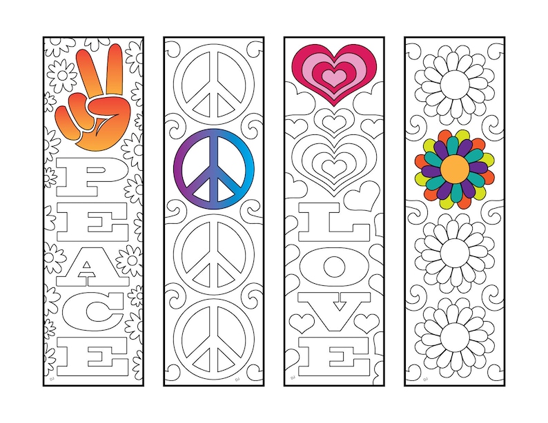 hippie bookmarks peace and love pdf coloring page etsy