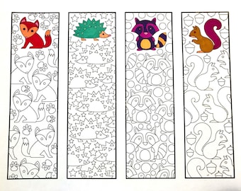 Cute Animal Bookmarks - PDF Coloring Page - Fox, Hedgehog, Raccoon, Squirrel