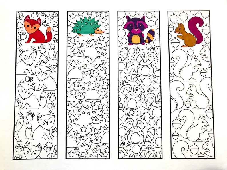 May include: Four illustrated bookmarks featuring woodland creatures. The first bookmark has a red fox, the second a green hedgehog, the third a purple raccoon, and the fourth a brown squirrel. Each bookmark has a repeating pattern of the animal.