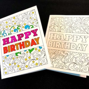 Cartão de feliz aniversário com redemoinhos e estrelas - página para colorir em PDF para impressão
