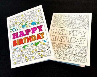 Happy Birthday Card with Swirls and Stars - Printable PDF Coloring Page