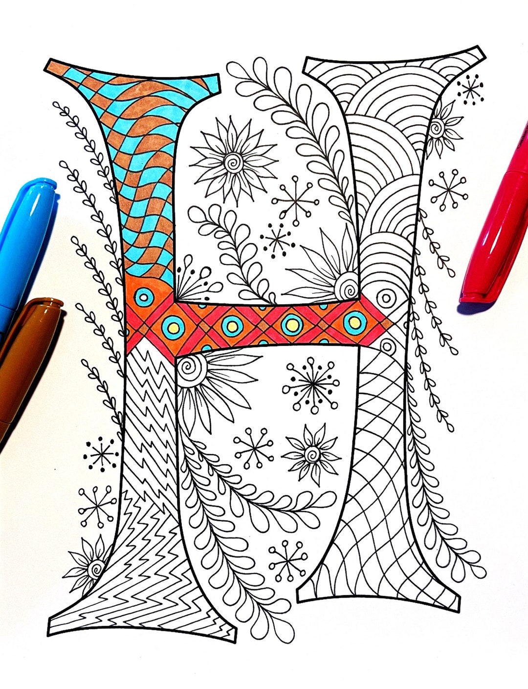 Retro Floral Letter H Coloring Page Inspired by the Font - Etsy