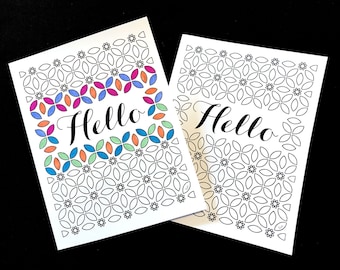 Hello Card with Flowers - Printable PDF Coloring Page