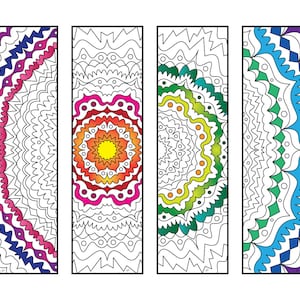 May include: Four printable bookmark designs with intricate mandala patterns. The bookmarks feature a variety of colors, including pink, blue, green, yellow, and orange. The designs are perfect for coloring or adding your own personal touch.