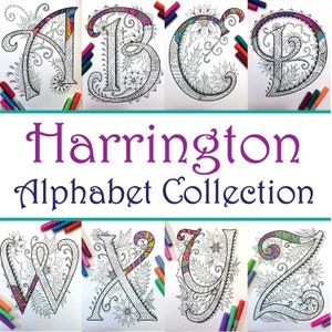 Libro para colorear del alfabeto imprimible - 26 páginas para colorear con letras mayúsculas - inspirado en la fuente "Harrington"