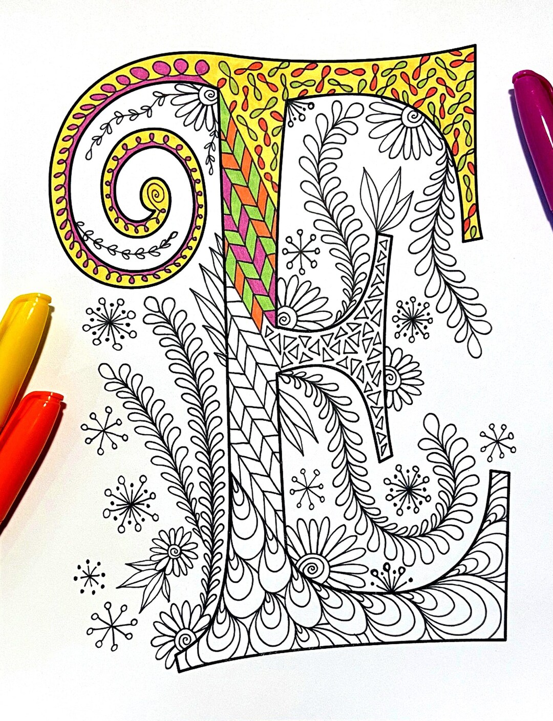 Retro Floral Letter E Coloring Page Inspired by the Font - Etsy