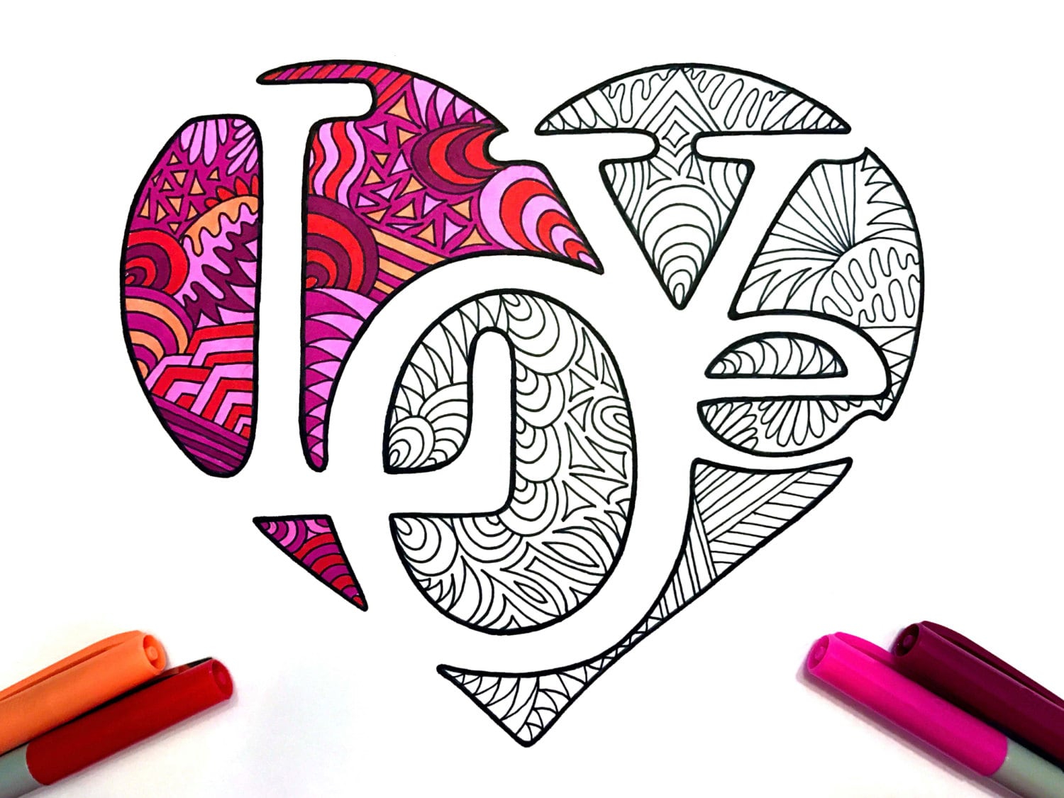 LOVE Heart PDF Zentangle Coloring Page Etsy