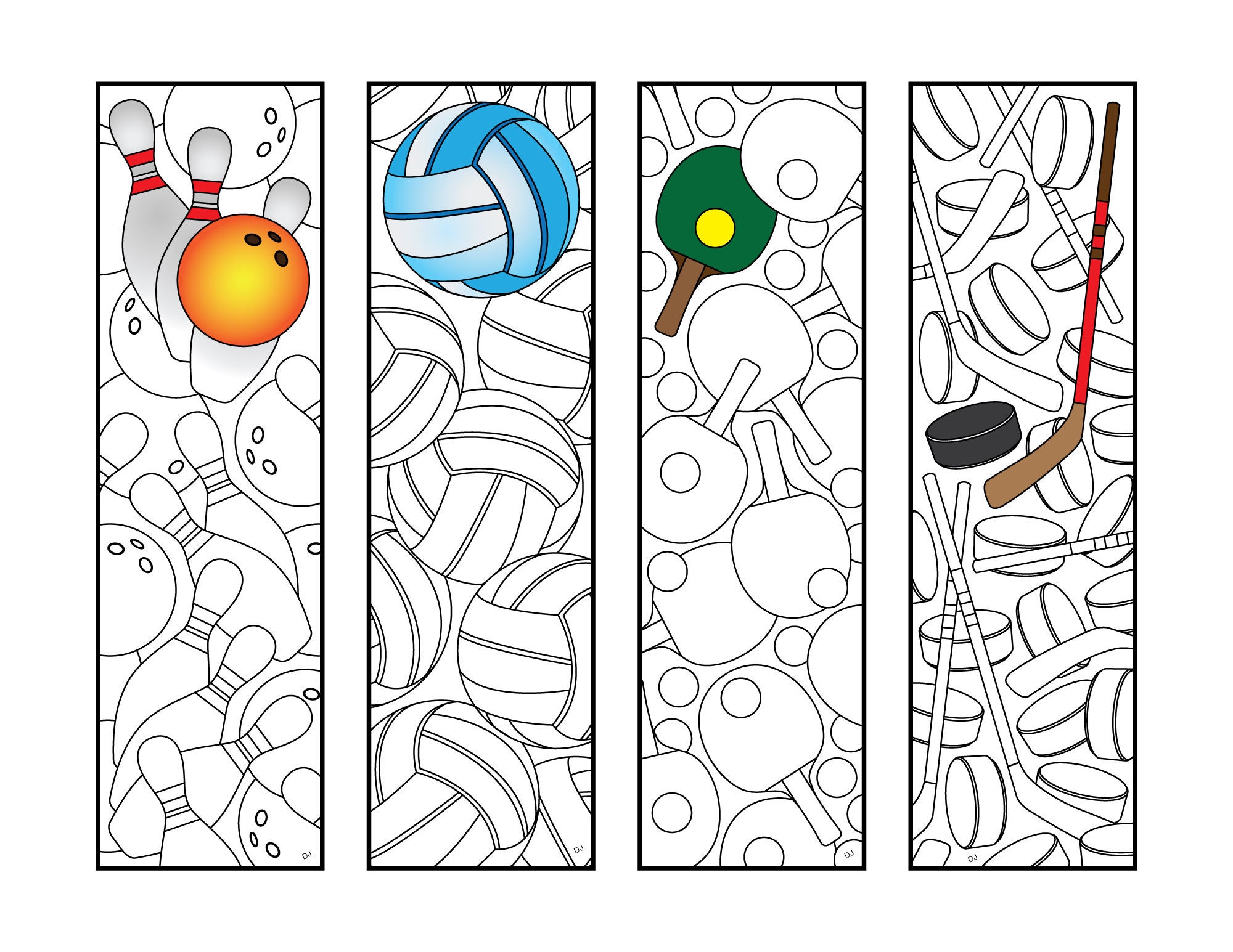 Sports 2 Bookmarks PDF Coloring Page Bowling Volleyball Etsy
