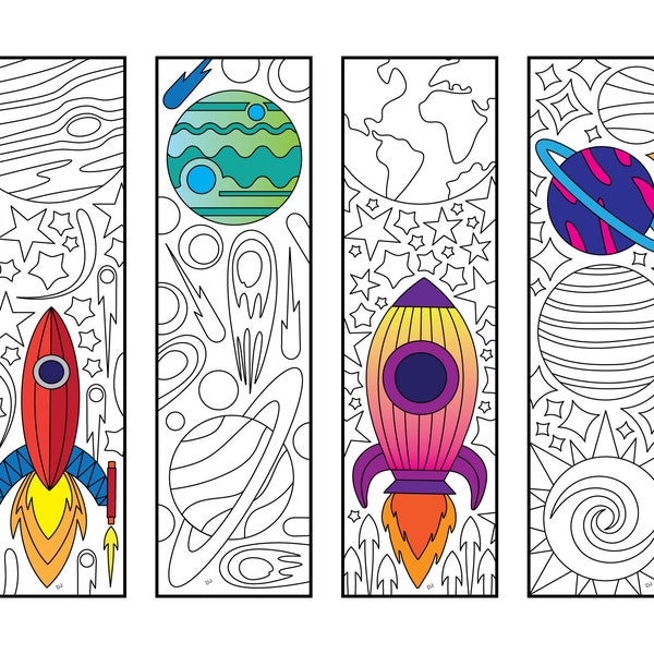 Spaceships, Planets, Stars, Galaxy Bookmarks - PDF Coloring Page