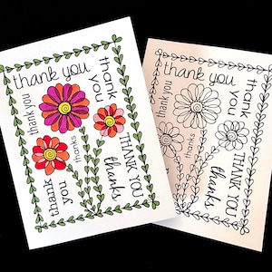 Cartão de agradecimento com flores fofas - página para colorir em PDF para impressão
