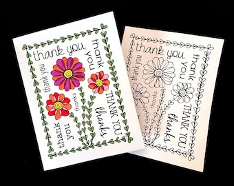 Cute Flowers Thank You Card - Printable PDF Coloring Page