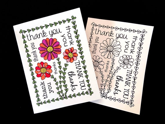 Cute Flowers Thank You Card Printable PDF Coloring Page - Etsy