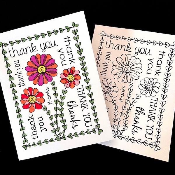 Cute Flowers Thank You Card - Printable PDF Coloring Page