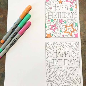 Happy Birthday Card With Stars - Printable PDF Coloring Page - Etsy