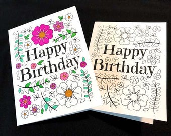 Happy Birthday Card with Flowers and Leaves - Printable PDF Coloring Page