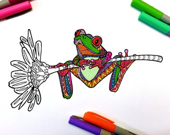 Frog on Flower - PDF Animal Coloring Page