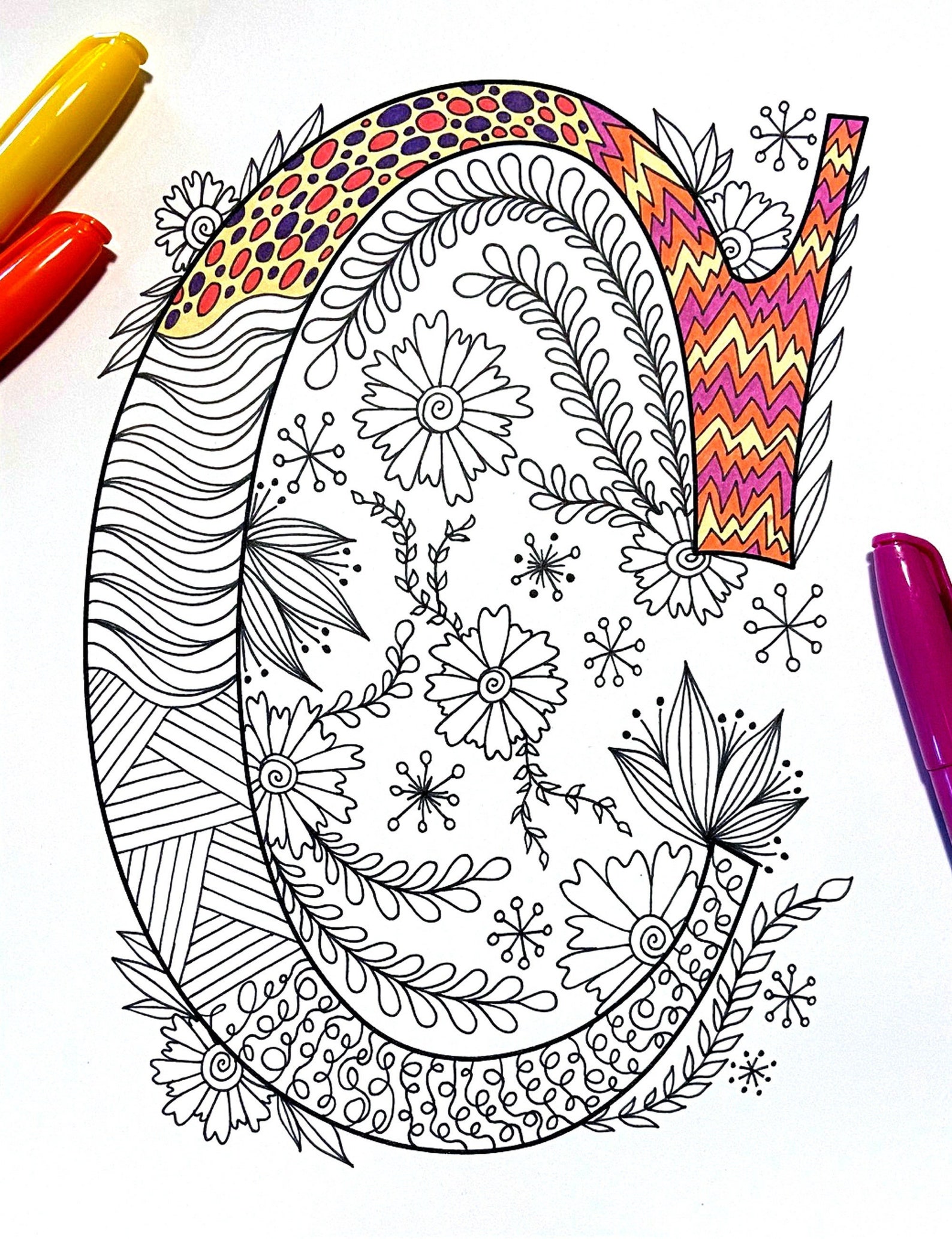 Retro Floral Letter C Coloring Page Inspired by the Font | Etsy