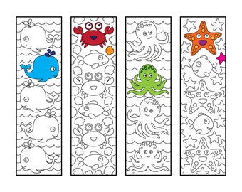 Cute Sea Animal Bookmarks - PDF Coloring Page - Whale, Crab, Octopus, Starfish