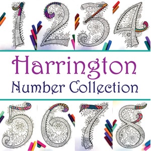 10 Number Coloring Pages - inspired by the font &quot;Harrington&quot;