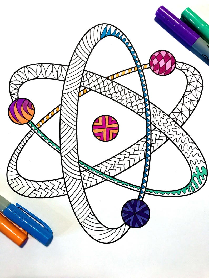 May include: A black and white line drawing of an atom with four colorful circles around the nucleus. The circles are purple, pink, red, and blue.