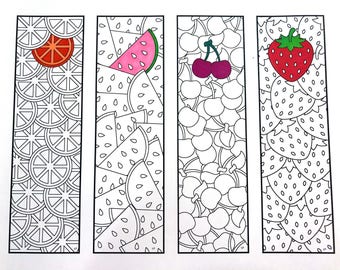 Fruit Bookmarks - PDF Coloring Page - Orange, Watermelon, Cherry, Strawberry