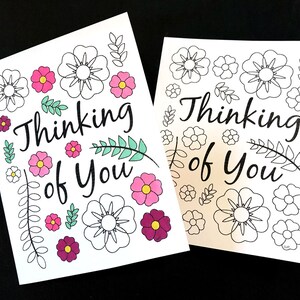 Je pense à toi carte avec fleurs et feuilles - Coloriage PDF imprimable