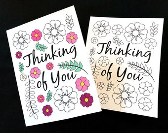 Thinking of You Card with Flowers and Leaves - Printable PDF Coloring Page