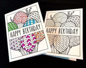 Happy Birthday Card with Balloons - Printable PDF Coloring Page