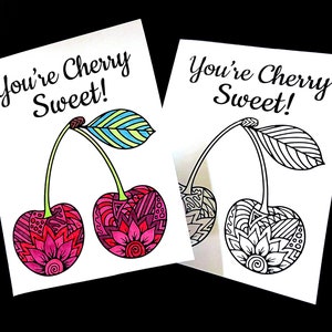 Tarjeta de felicitación Cherry Pun - Eres Cherry Sweet - Página para colorear PDF imprimible