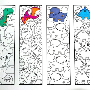 May include: Four printable bookmark designs featuring different dinosaurs. The first bookmark has a green dinosaur with a blue eye. The second bookmark has a pink dinosaur with a red wing. The third bookmark has a blue dinosaur with three horns. The fourth bookmark has a blue dinosaur with a spiky back.