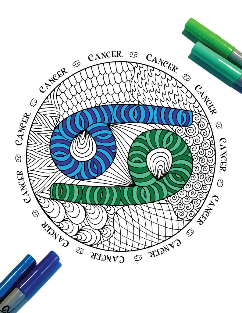 Cancer Zodiac Symbol PDF Zentangle Coloring Page