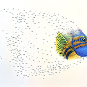 May include: A connect-the-dots activity featuring a blue and yellow fish with green and yellow fins. The fish is surrounded by numbered dots.