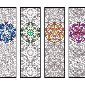 May include: Four printable bookmark designs with intricate mandala patterns. Each bookmark features a different colored mandala in the center, with blue, green, orange, and purple.