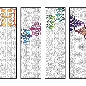 Puede incluir: Cuatro marcapáginas rectangulares con diseños simétricos y ornamentados. Cada marcapáginas presenta un contorno negro, un fondo blanco y un acento colorido en la parte superior o central. Los acentos incluyen degradados de naranja, morado, verde y azul.