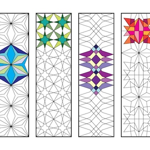 Op de afbeelding: Vier verschillende bladwijzerontwerpen met geometrische patronen. De bladwijzers zijn zwart-witte lijntekeningen met kleurrijke geometrische vormen in het midden van elke bladwijzer.