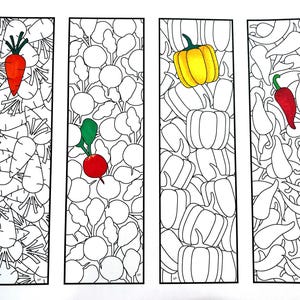 Vegetable Bookmarks - PDF Coloring Page - Carrot, Radish, Bell Pepper, Chile Pepper