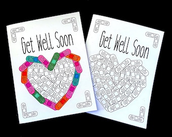Get Well Soon Card with Bandaid Heart - Printable PDF Coloring Page