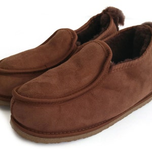 Deluxe Mens 100% Twinface Sheepskin Suede Slippers Moccasins in brown colour Handmade Men's Shoes Wool Slippers Ugg style SIZE: EU 42/ UK 8 image 1