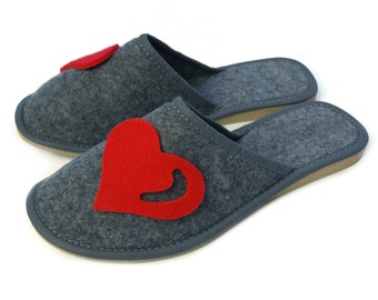 Ladies Women's Girls Red Hot Heart Grey Felt Mule Slippers Home Bed Guests Travel Christmas Gift Birthday Present for Her