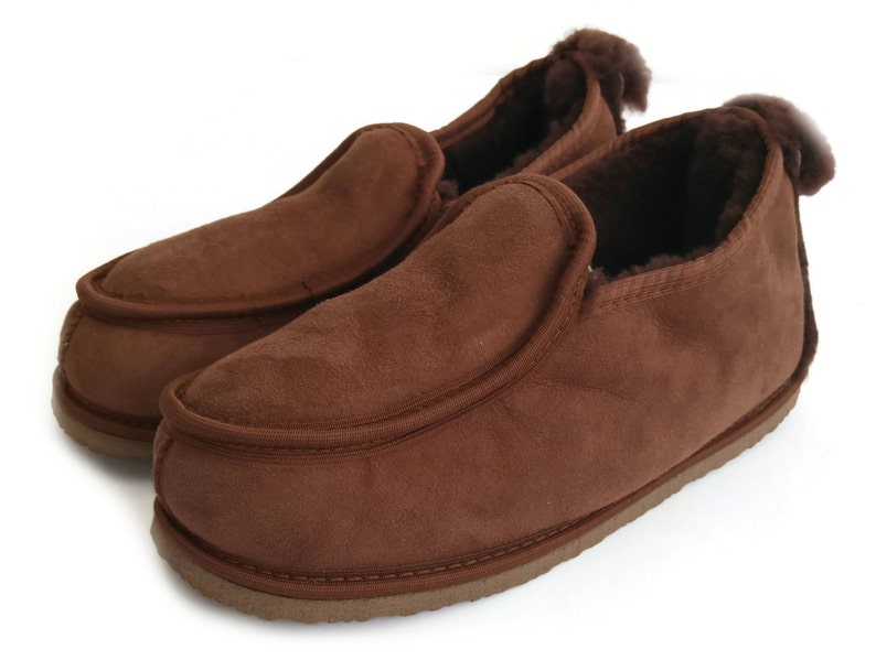 Deluxe Mens 100% Twinface Sheepskin Suede Slippers Moccasins in brown colour Handmade Men's Shoes Wool Slippers Ugg style SIZE: EU 42/ UK 8 image 1
