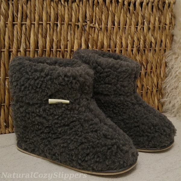 100% Natural Sheep Wool Boots Cozy Foot Slippers with Hard Durable Sole Sheepskin Women's Men's Unisex Grey Colour