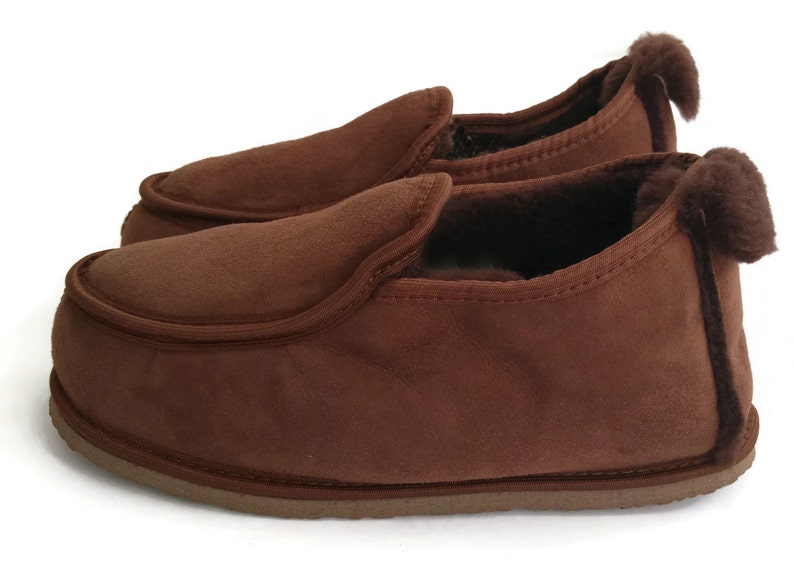 Deluxe Mens 100% Twinface Sheepskin Suede Slippers Moccasins in brown colour Handmade Men's Shoes Wool Slippers Ugg style SIZE: EU 42/ UK 8 image 2