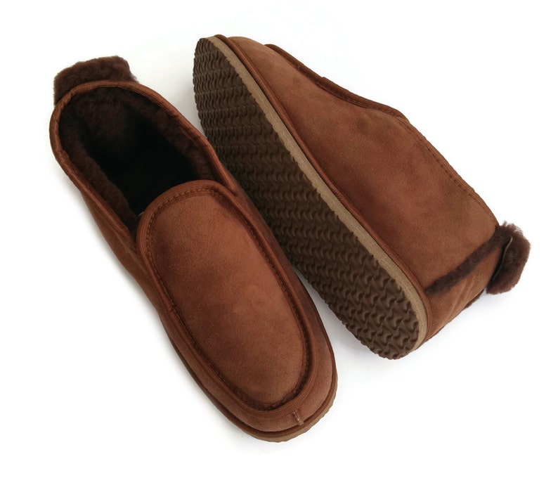 Deluxe Mens 100% Twinface Sheepskin Suede Slippers Moccasins in brown colour Handmade Men's Shoes Wool Slippers Ugg style SIZE: EU 42/ UK 8 image 4