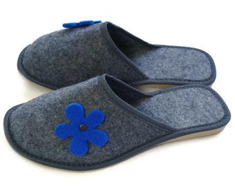 Ladies Women's Girls Blue Flower Grey Felt Mule Slippers Home Bed, Guests, Travel / Gift, Birthday Present for Her