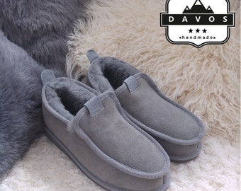 Luxury Handmade Men's 100% Pure Genuine Sheepskin Fur Suede grey Slippers